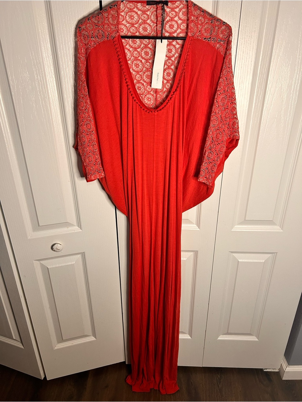 Fraiche by J Women’s S Red Lace Crotchet Sleeve Maxi Dress Elegant V-Neck NWT